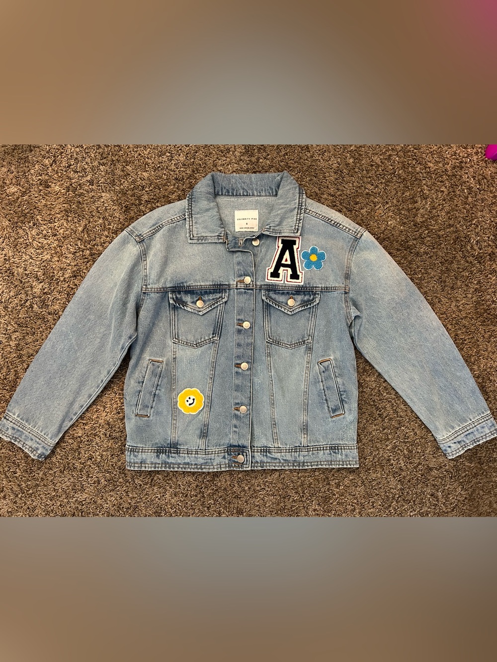 Celebrity Pink Light Blue Denim Jacket with Patch Details